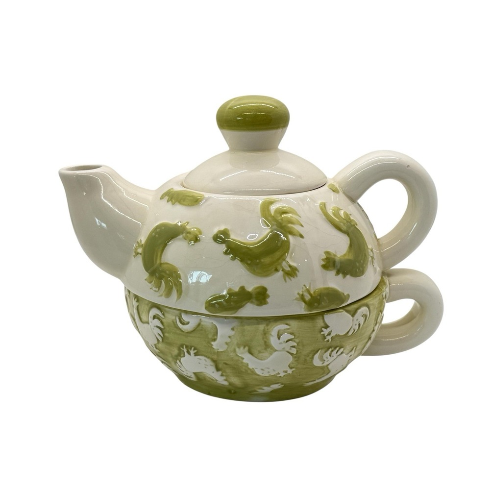 VTG MSRF Design Studios Rooster Tea For‎ One 2 Part Teapot & Cup Stack Set Green